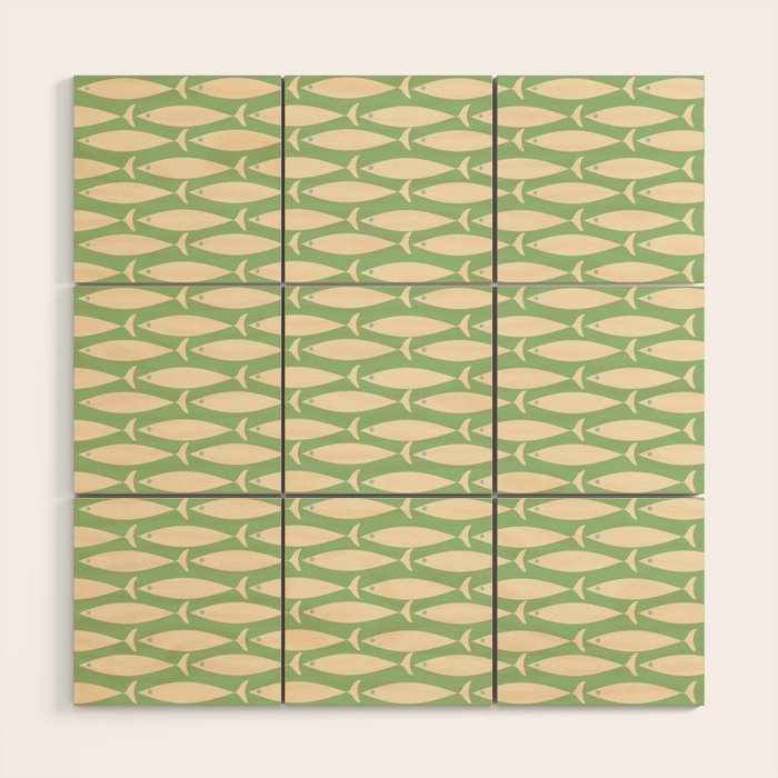 Coastal Fish Mid Century Modern Minimalist Pattern in Light Pastel Green Cream Blue Wood Wall Art Gallery Image 1