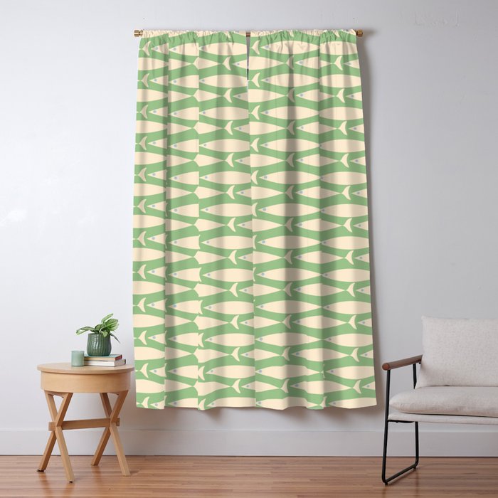Coastal Fish Mid Century Modern Minimalist Pattern in Light Pastel Green Cream Blue Window Curtain Gallery Image 5