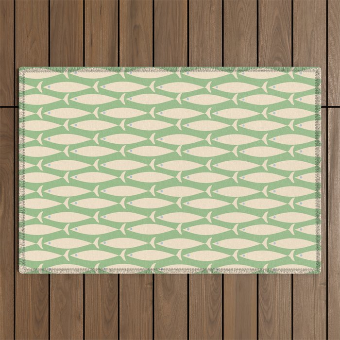 Coastal Fish Mid Century Modern Minimalist Pattern in Light Pastel Green Cream Blue Outdoor Rug Gallery Image 1