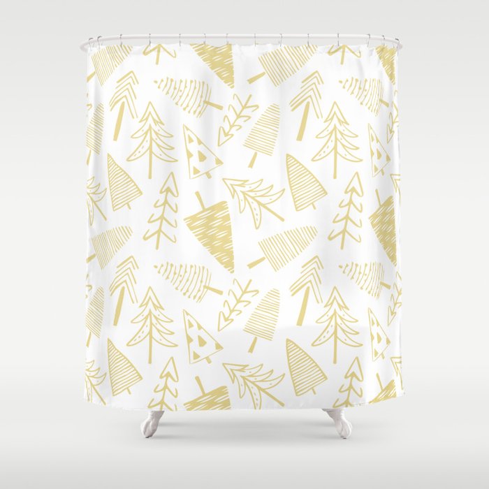 Goldd christmas pine tree doodle pattern Shower Curtain Gallery Image 1