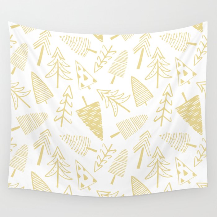 Goldd christmas pine tree doodle pattern Wall Tapestry Gallery Image 1