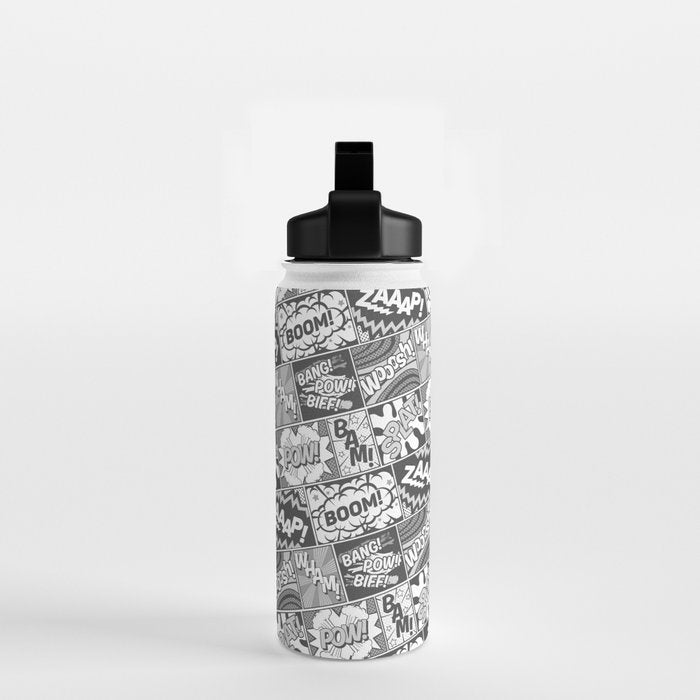 Black and White Modern Comic Book Superhero Pattern Color Colour Cartoon Lichtenstein Pop Art Water Bottle Gallery Image 2