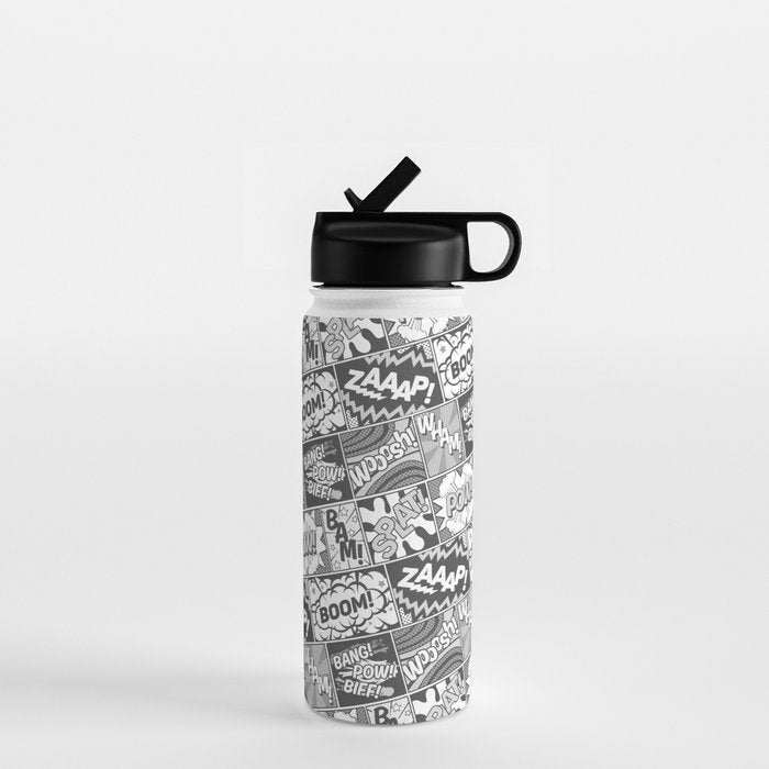 Black and White Modern Comic Book Superhero Pattern Color Colour Cartoon Lichtenstein Pop Art Water Bottle Gallery Image 1