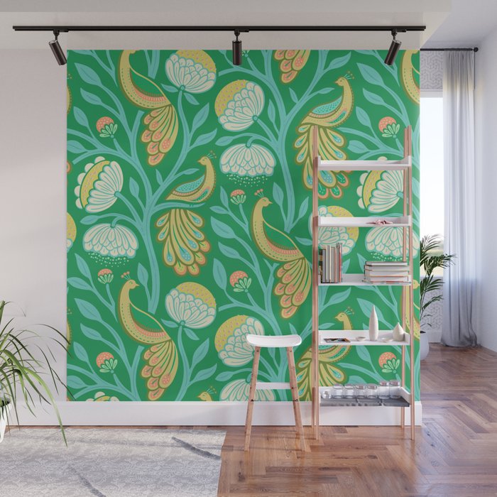Peacock Dreams - Electric Green Wall Mural Gallery Image 1