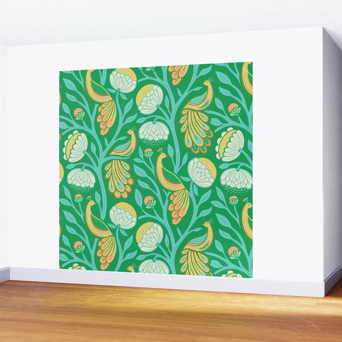 Peacock Dreams - Electric Green Wall Mural Gallery Image 2