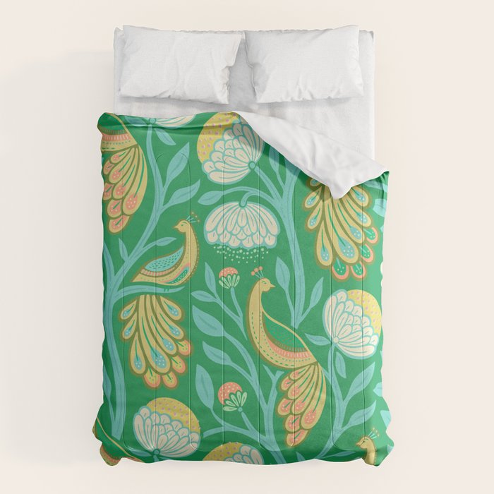 Peacock Dreams - Electric Green Comforter Gallery Image 1