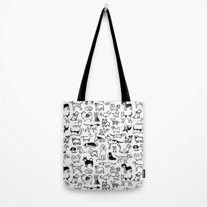 Black and White Dog Drawings | Cute Dog Breeds Pattern Tote Bag Gallery Image 2