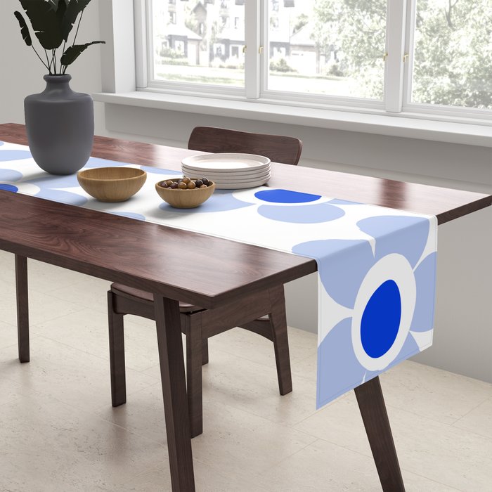 Light Blue Maisie Flowers Cheerful Floral Pattern on White Table Runner Gallery Image 2