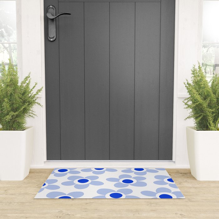 Light Blue Maisie Flowers Cheerful Floral Pattern on White Welcome Mat Gallery Image 3