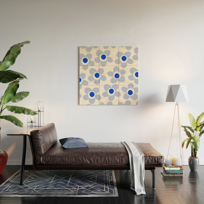 Light Blue Maisie Flowers Cheerful Floral Pattern on White Wood Wall Art Gallery Image 2