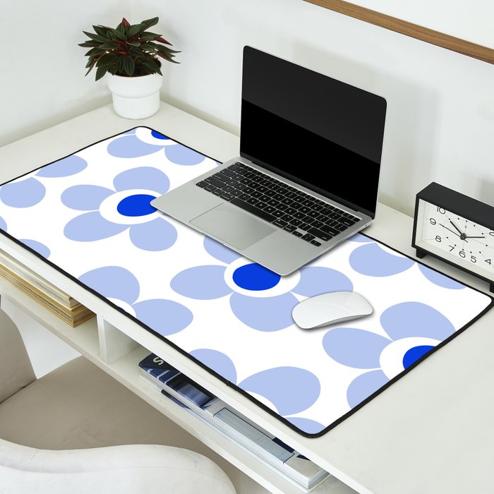 Light Blue Maisie Flowers Cheerful Floral Pattern on White Desk Mat Gallery Image 2