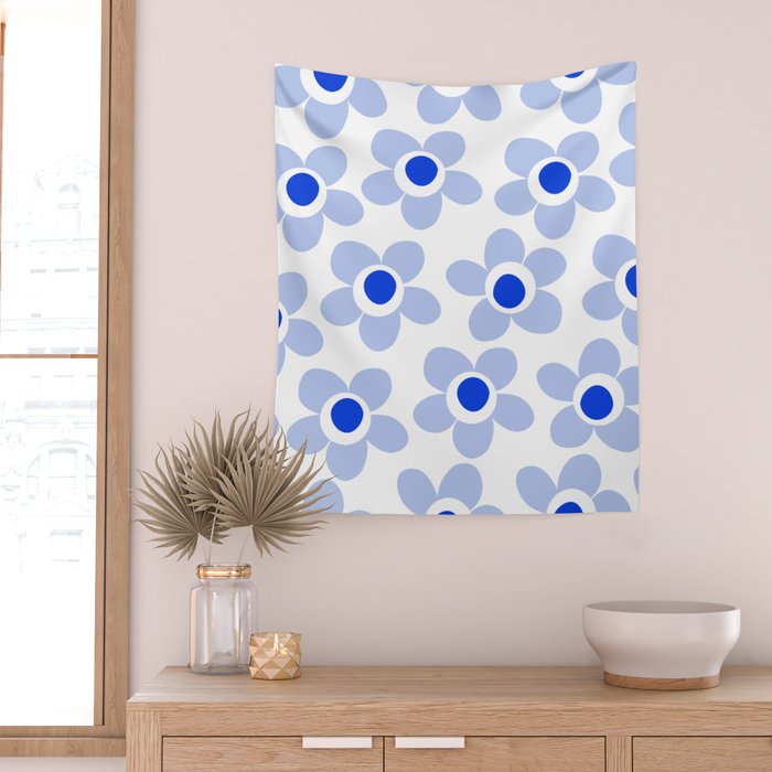 Light Blue Maisie Flowers Cheerful Floral Pattern on White Wall Tapestry Gallery Image 2