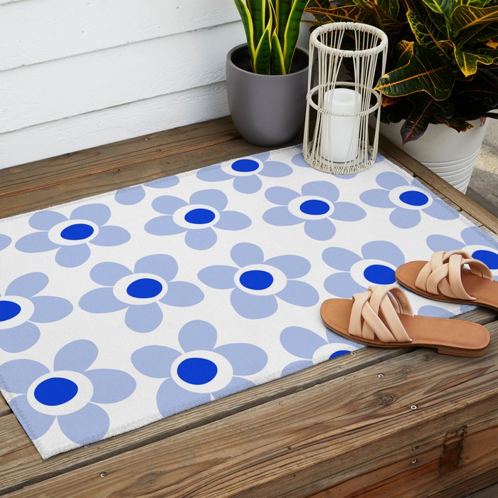 Light Blue Maisie Flowers Cheerful Floral Pattern on White Outdoor Rug Gallery Image 2