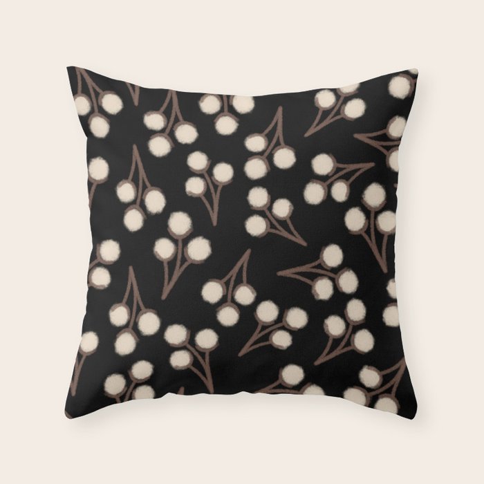 Cotton Stems Botanical Pattern in Brown, Cream, and Black II Throw Pillow Gallery Image 1