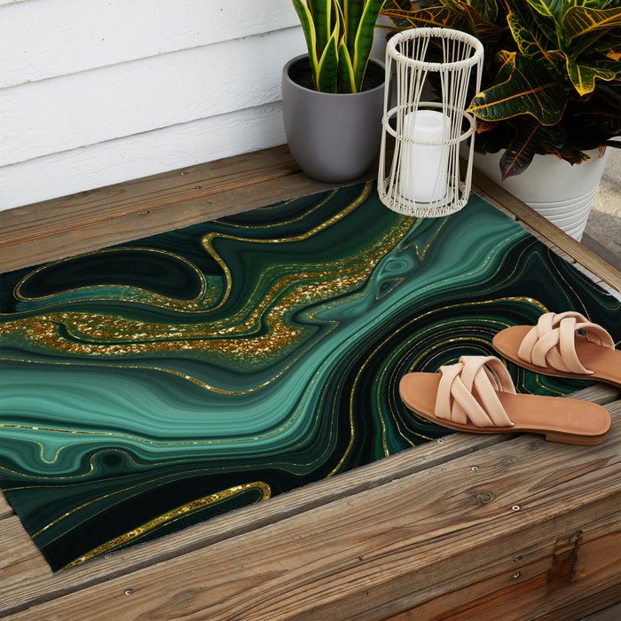 Abstract Gold Glitter Malachite Marble Landscapes Outdoor Rug Gallery Image 2