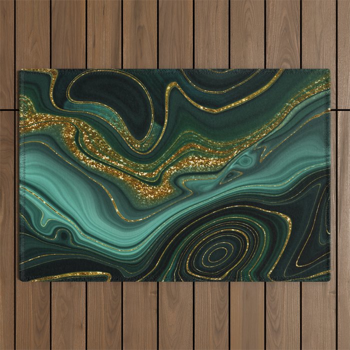 Abstract Gold Glitter Malachite Marble Landscapes Outdoor Rug Gallery Image 1