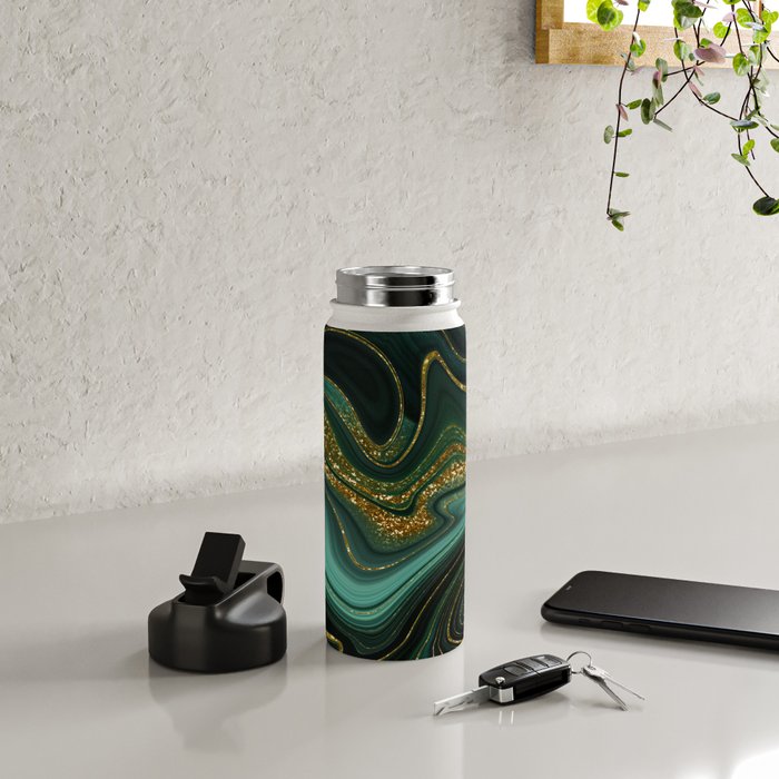 Abstract Gold Glitter Malachite Marble Landscapes Water Bottle Gallery Image 4