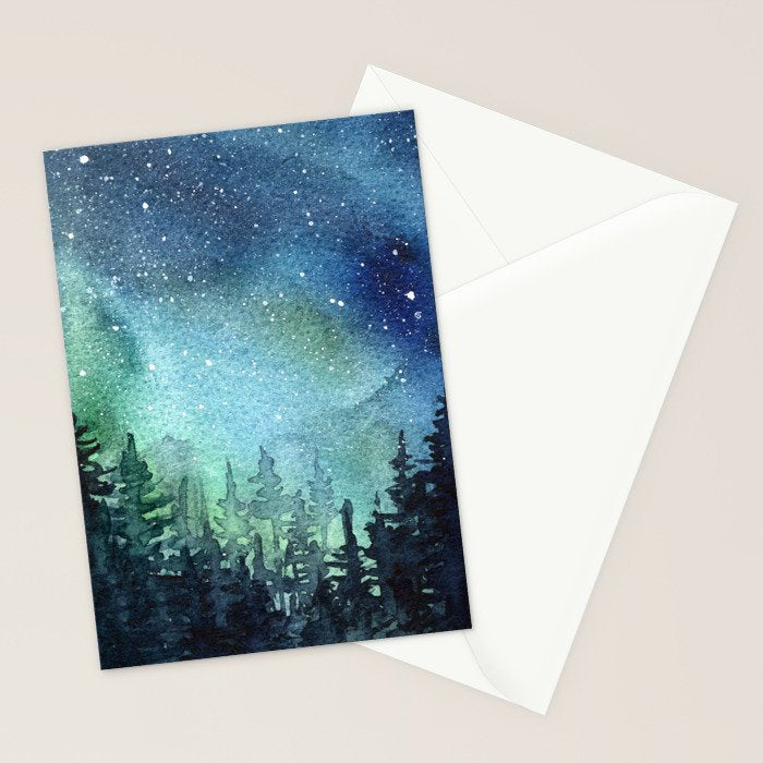 Galaxy Watercolor Aurora Borealis Painting Stationery Card Gallery Image 2