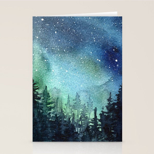 Galaxy Watercolor Aurora Borealis Painting Stationery Card Gallery Image 1