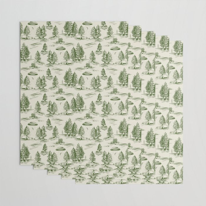 Green Alien Abduction Toile De Jouy Pattern Wrapping Paper Gallery Image 3