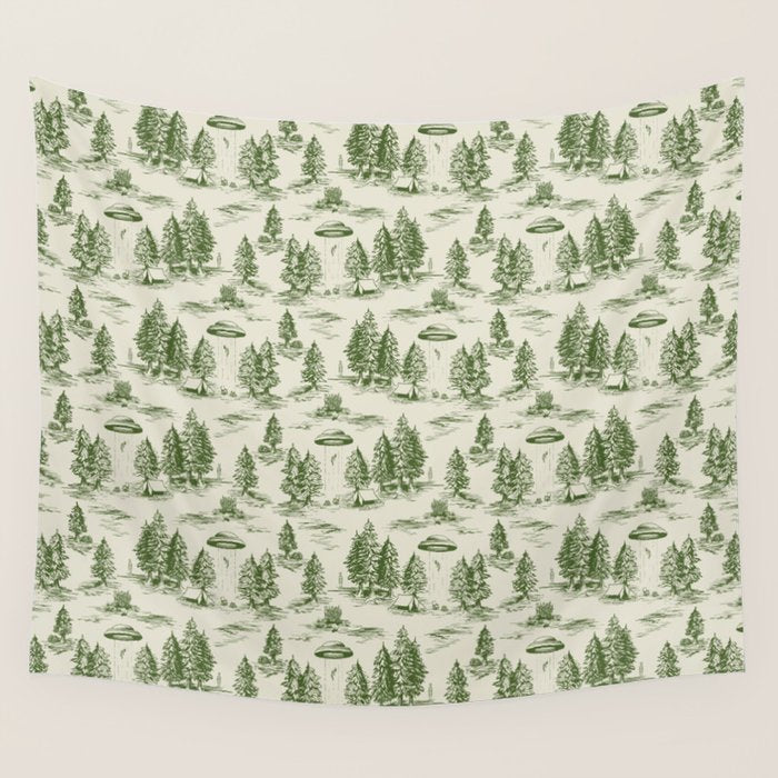 Green Alien Abduction Toile De Jouy Pattern Wall Tapestry Gallery Image 4