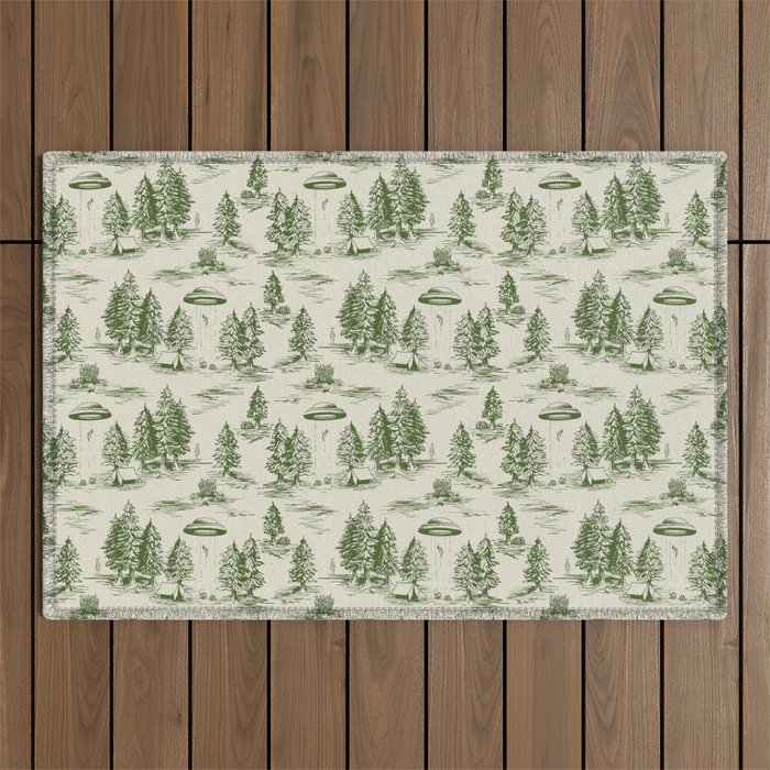 Green Alien Abduction Toile De Jouy Pattern Outdoor Rug Gallery Image 1