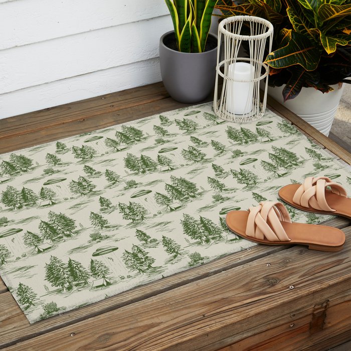 Green Alien Abduction Toile De Jouy Pattern Outdoor Rug Gallery Image 2
