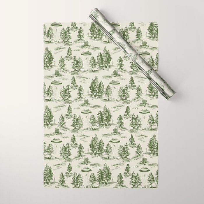 Green Alien Abduction Toile De Jouy Pattern Wrapping Paper Gallery Image 1