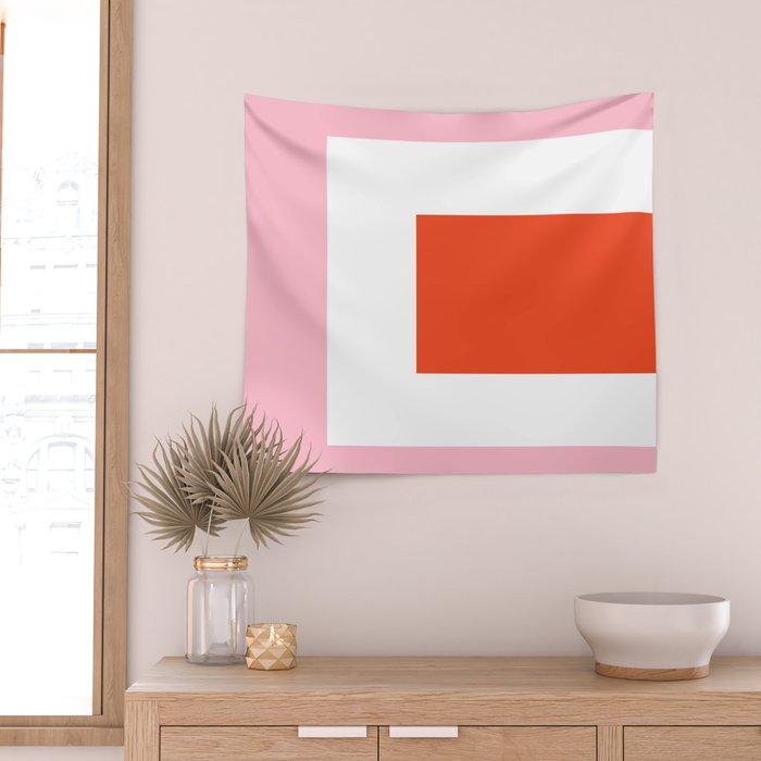 Regressing Colour Block - Minimalist Geometric Pattern in Red, White, and Pink Wall Tapestry Gallery Image 2