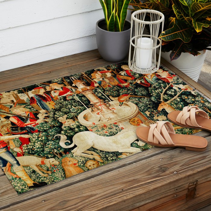 Hunt Of The Unicorn Medieval Tapestry Outdoor Rug Gallery Image 2