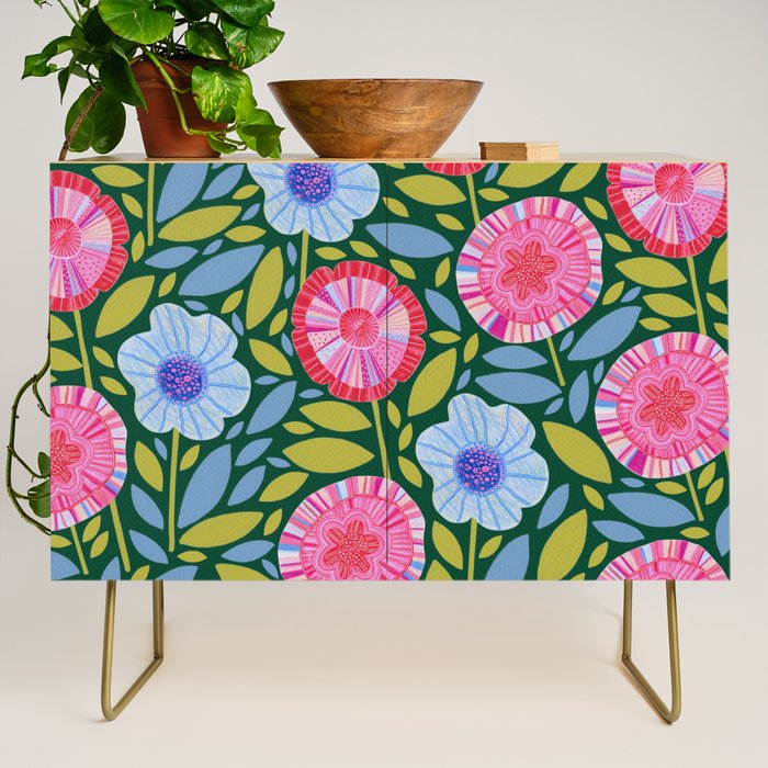 Folk Floral Blossoms in Forest Green Credenza Gallery Image 1