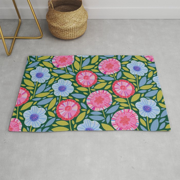 Folk Floral Blossoms in Forest Green Rug Gallery Image 1
