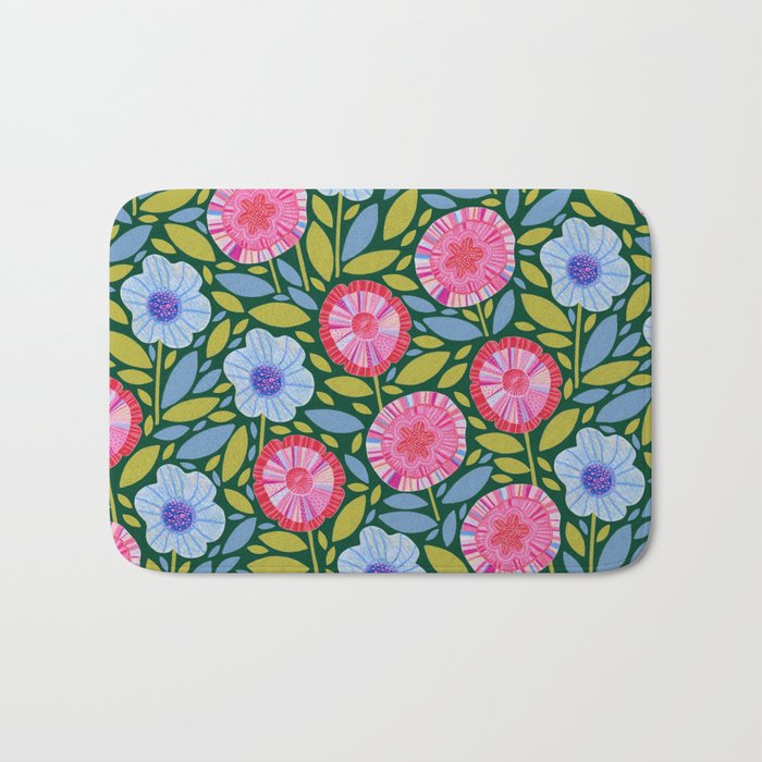 Folk Floral Blossoms in Forest Green Bath Mat Gallery Image 1