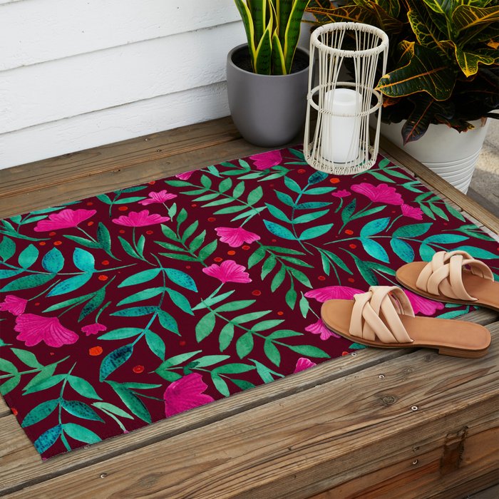 Magical garden - burgundy and pink Outdoor Rug Gallery Image 2