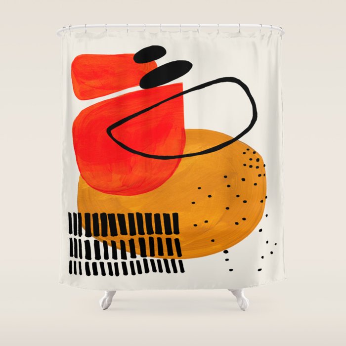 Mid Century Modern Abstract Colorful Art Yellow Ball Orange Shapes Orbit Black Pattern Shower Curtain Gallery Image 1