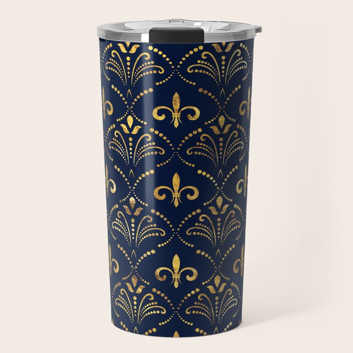 Elegant Fleur-de-lis pattern - Gold and deep blue Travel Mug Gallery Image 1