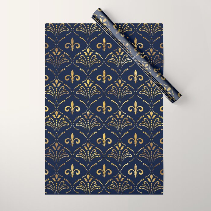 Elegant Fleur-de-lis pattern - Gold and deep blue Wrapping Paper Gallery Image 1