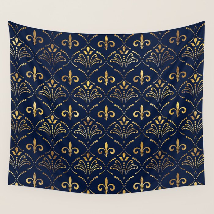 Elegant Fleur-de-lis pattern - Gold and deep blue Wall Tapestry Gallery Image 4
