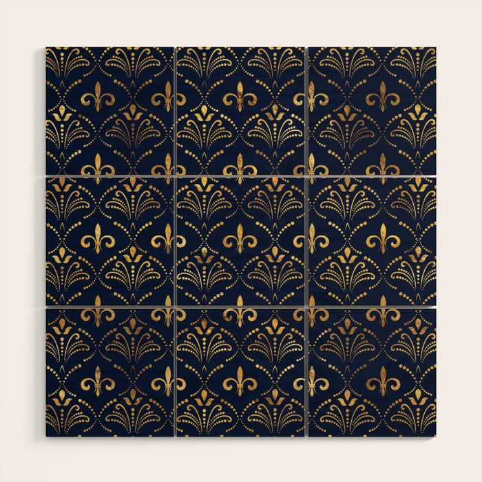 Elegant Fleur-de-lis pattern - Gold and deep blue Wood Wall Art Gallery Image 1