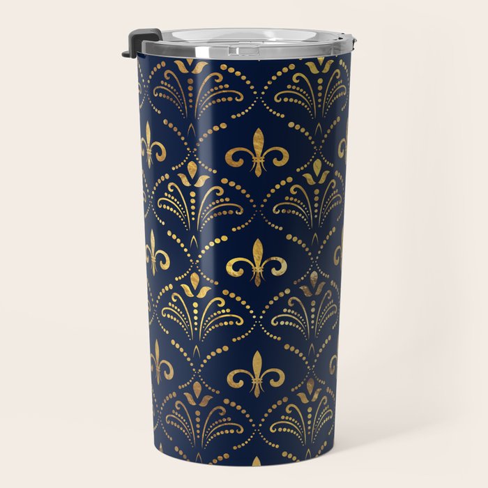 Elegant Fleur-de-lis pattern - Gold and deep blue Travel Mug Gallery Image 3