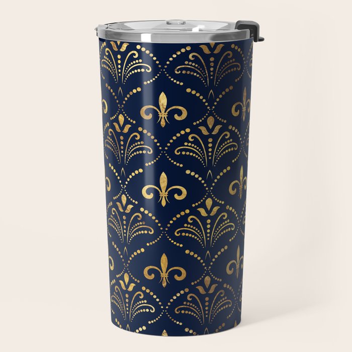 Elegant Fleur-de-lis pattern - Gold and deep blue Travel Mug Gallery Image 2