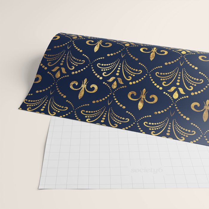 Elegant Fleur-de-lis pattern - Gold and deep blue Wrapping Paper Gallery Image 2