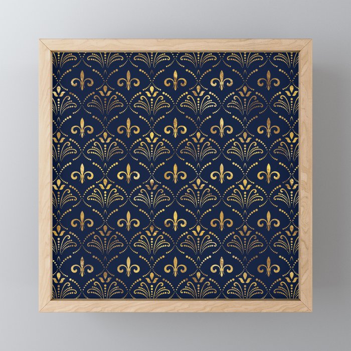 Elegant Fleur-de-lis pattern - Gold and deep blue Mini Art Print Gallery Image 1