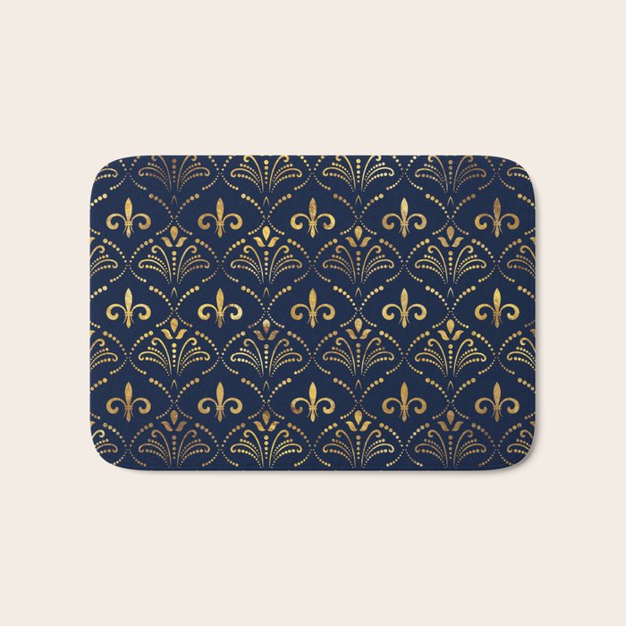 Elegant Fleur-de-lis pattern - Gold and deep blue Bath Mat Gallery Image 1