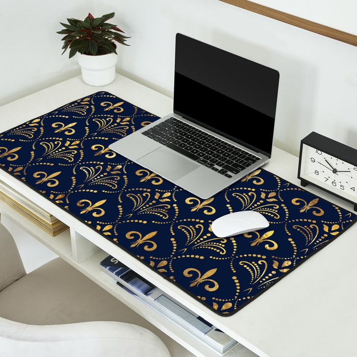 Elegant Fleur-de-lis pattern - Gold and deep blue Desk Mat Gallery Image 2