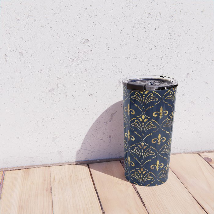 Elegant Fleur-de-lis pattern - Gold and deep blue Travel Mug Gallery Image 4