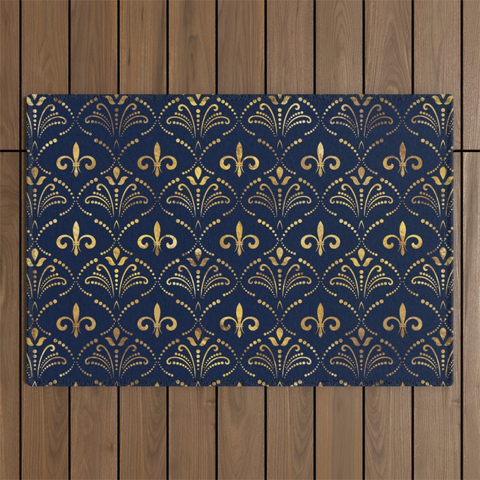 Elegant Fleur-de-lis pattern - Gold and deep blue Outdoor Rug Gallery Image 1