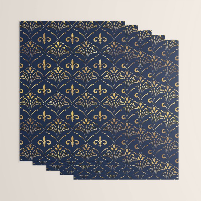 Elegant Fleur-de-lis pattern - Gold and deep blue Wrapping Paper Gallery Image 3