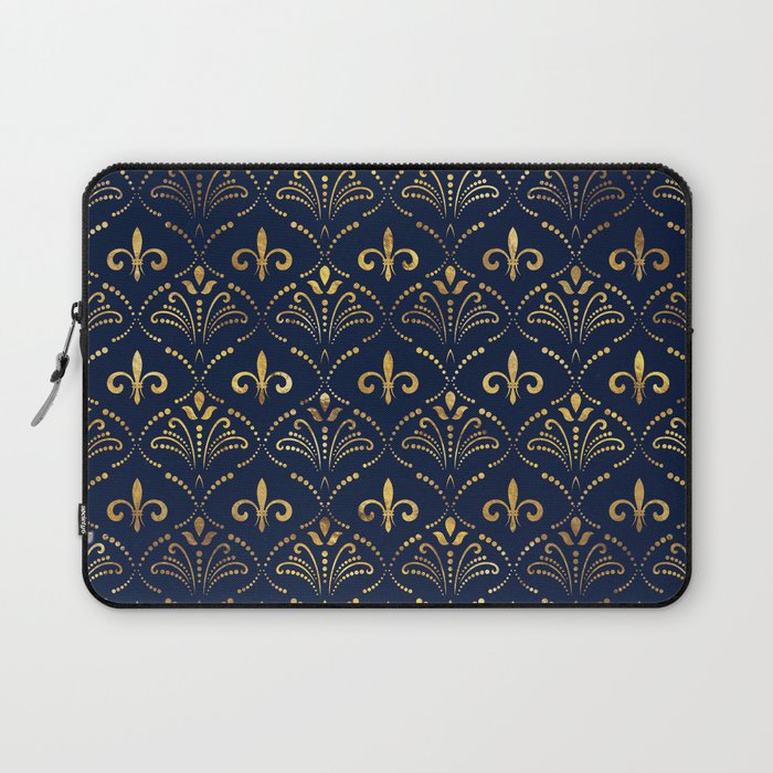 Elegant Fleur-de-lis pattern - Gold and deep blue Laptop Sleeve Gallery Image 1
