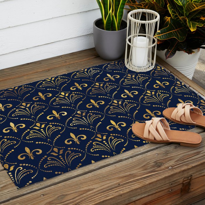 Elegant Fleur-de-lis pattern - Gold and deep blue Outdoor Rug Gallery Image 2